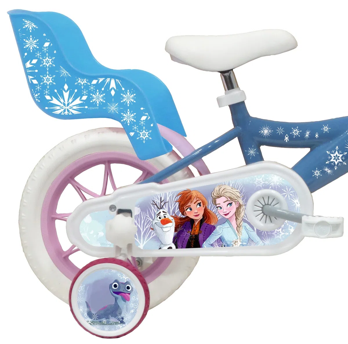 Disney Vélo 12' Reine des Neiges/Frozen équipé de 1 Frein, Panier Avant, Porte poupée arrière, Garde boues, Carter et stabilisateurs + Casque Reine des Neiges !