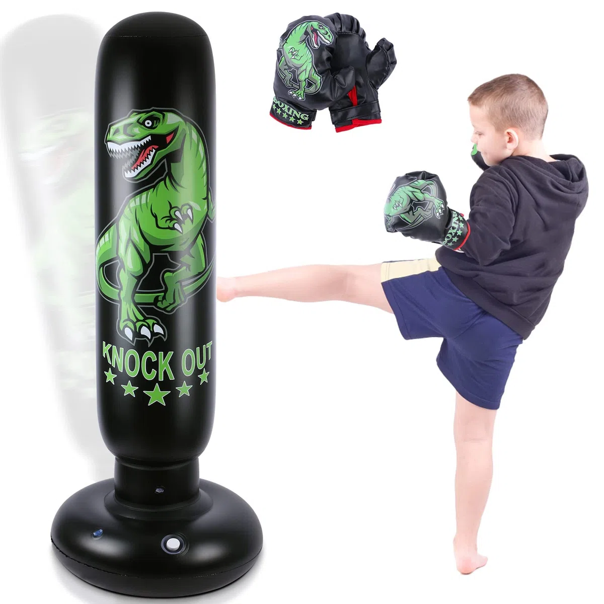 Sac de Frappe Dinosaure pour Enfants - Sac de Boxe autoportant de 160 cm avec Gants de Boxe - Jouets Sportifs Dinosaures féroces Sac de Sable pour l'entraînement Karaté Taekwondo MMA