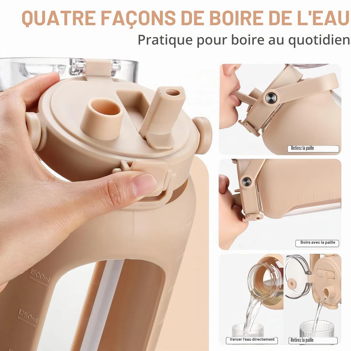 BLUEGO 2L Gourd en verre Avec paille Marqueur de temps Bouteille d'eau Motivation avec manchon en silicone 2 litres Grande carafe d'eau en Verre pour Gym, sports et entraînement, Ambre