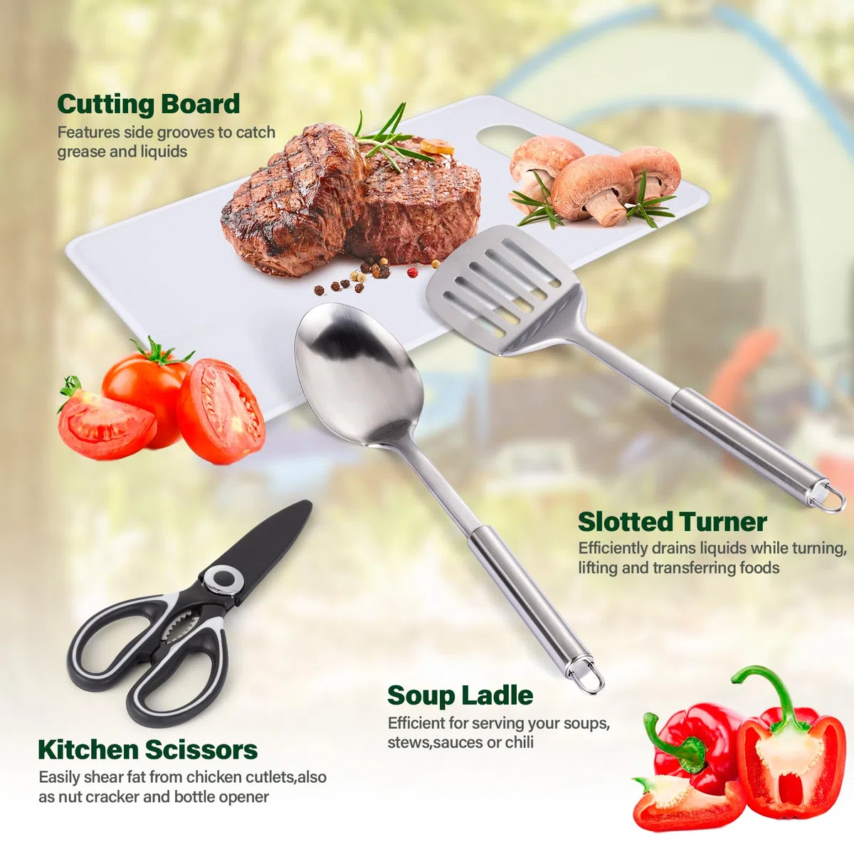 10 Pièces Ustensiles de Cuisine Camping Accessoires Essentiels Inoxydables pour Pique-Nique et Randonnées