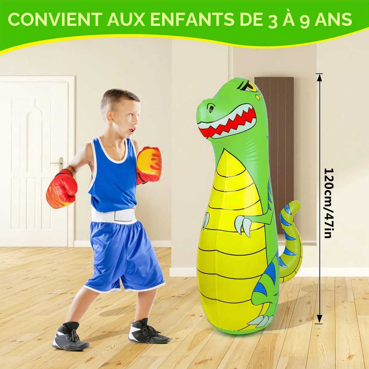 Sac de Frappe Enfant 120cm Gonflable Dinosaure Sac de Boxe avec Matériau Plus Épais et Sûr Rebond Instantané avec Gants de Boxe Karaté Taekwondo Cadeau pour Enfants 3-9 Ans Filles Garçons