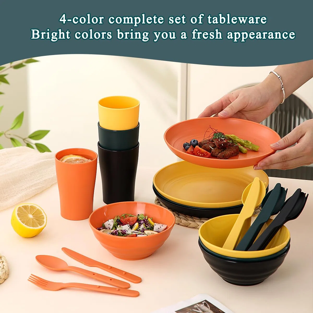 Ustensiles de camping pour 4 avec bol, assiette, tasse, cuillère, fourchette, couteau et sac de transport, accessoires de camping en plastique Équipement essentiel pour voyage, pique-