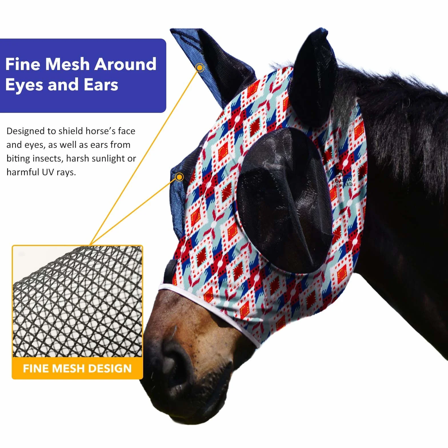 Harrison Howard Masque Anti-Mouches élastique pour Cheval - Confort Exceptionnel avec Protection UV - Masque Standard pour Cheval - Tribal Abstrait