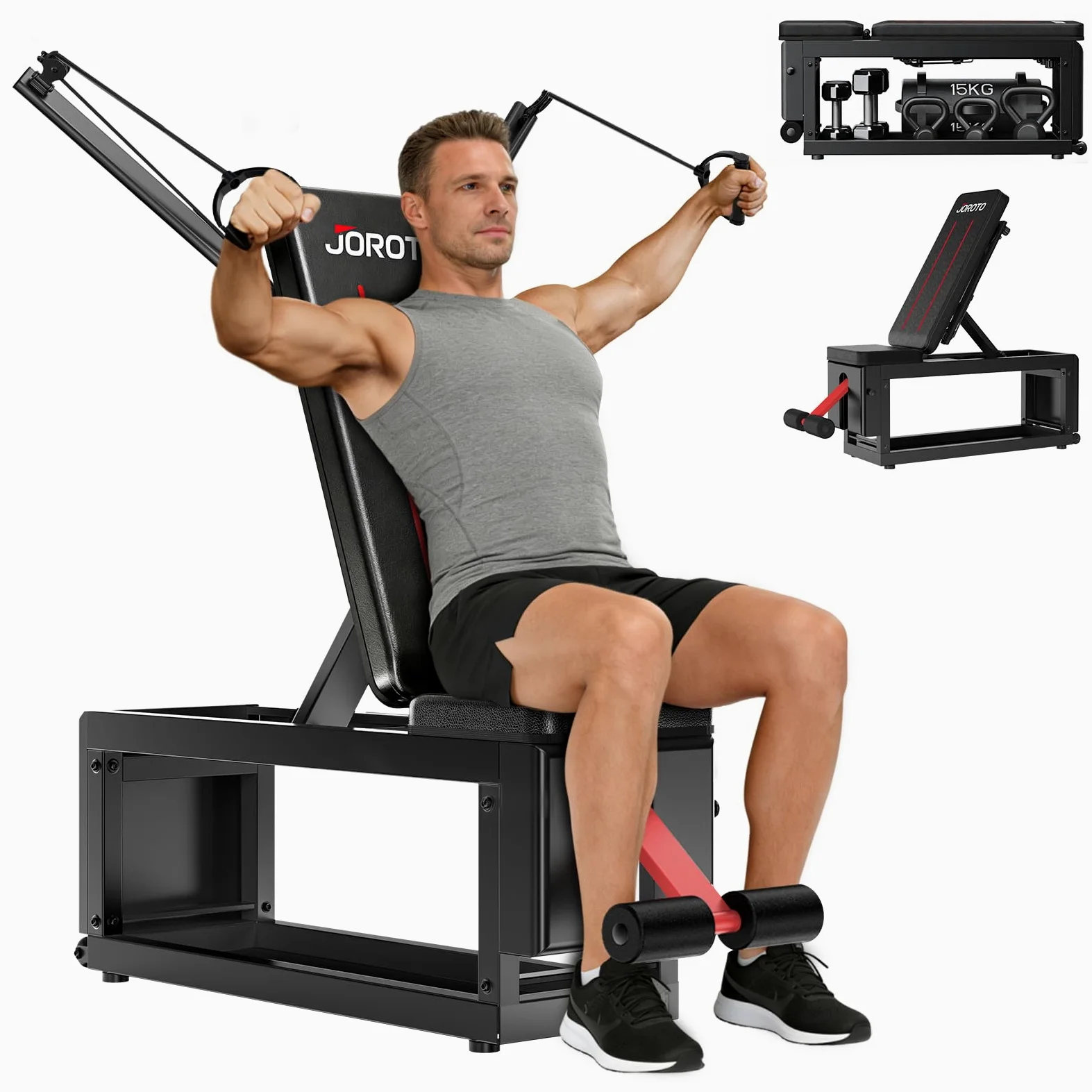 JOROTO MD85 Banc de Musculation Réglable avec Rangement Intégré, 990LBS/450KG Capacité Banc Musculation Multifonction, Bras de Traction 9 Positions et Dossier 7 Positions Banc Abdominauxde Inclinable