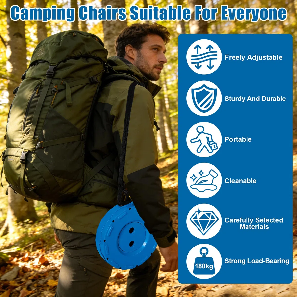Tabouret Pliant Portable, Tabouret Télescopique, Tabouret de Camping Léger, Hauteur Réglable, pour Camping, Jardin, Cuisine, Randonnée, Pêche, Barbecue, Charge Maximale de 180 kg (Bleu, 1)