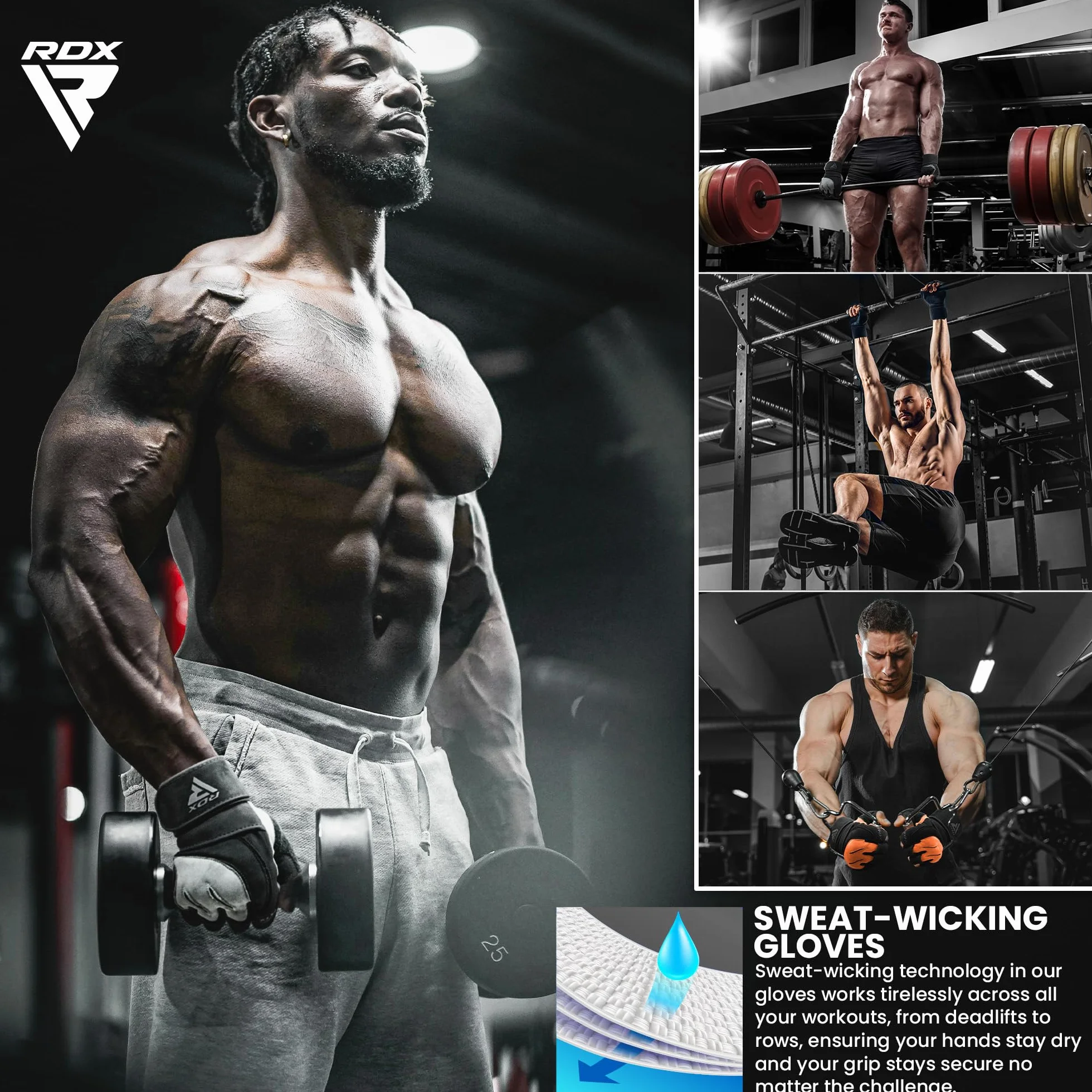 RDX Gants de Musculation Poignet Workout Fitness Entrainement Gymnastique Powerlifter Gym Gloves Perméable à l'air Halterophilie