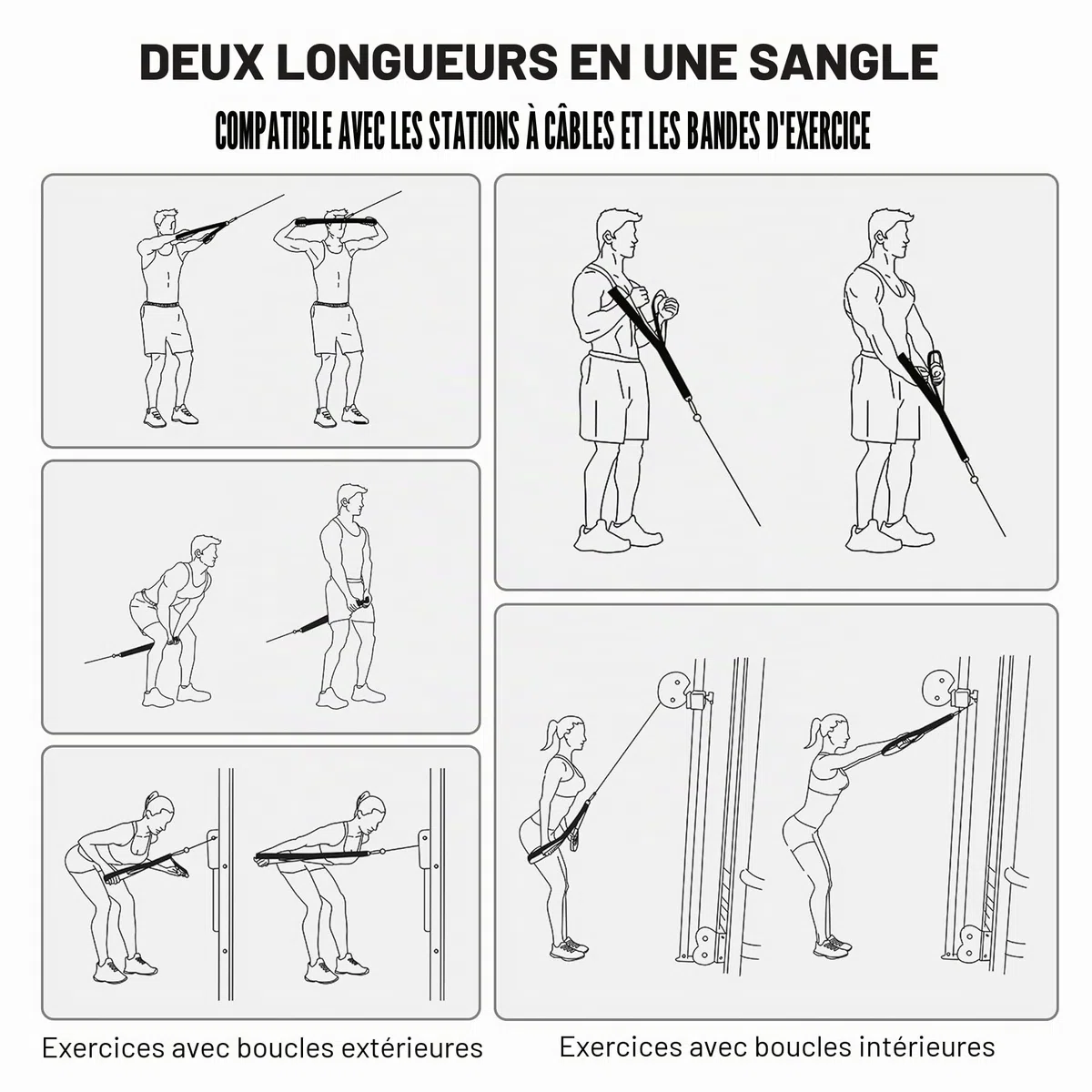 Vulken Corde de triceps avec fixation pour câble 2 tailles en 1 Extra longue Sangles d'extension pour triceps Équipement de gym Poignées d'entraînement pour bandes de résistance