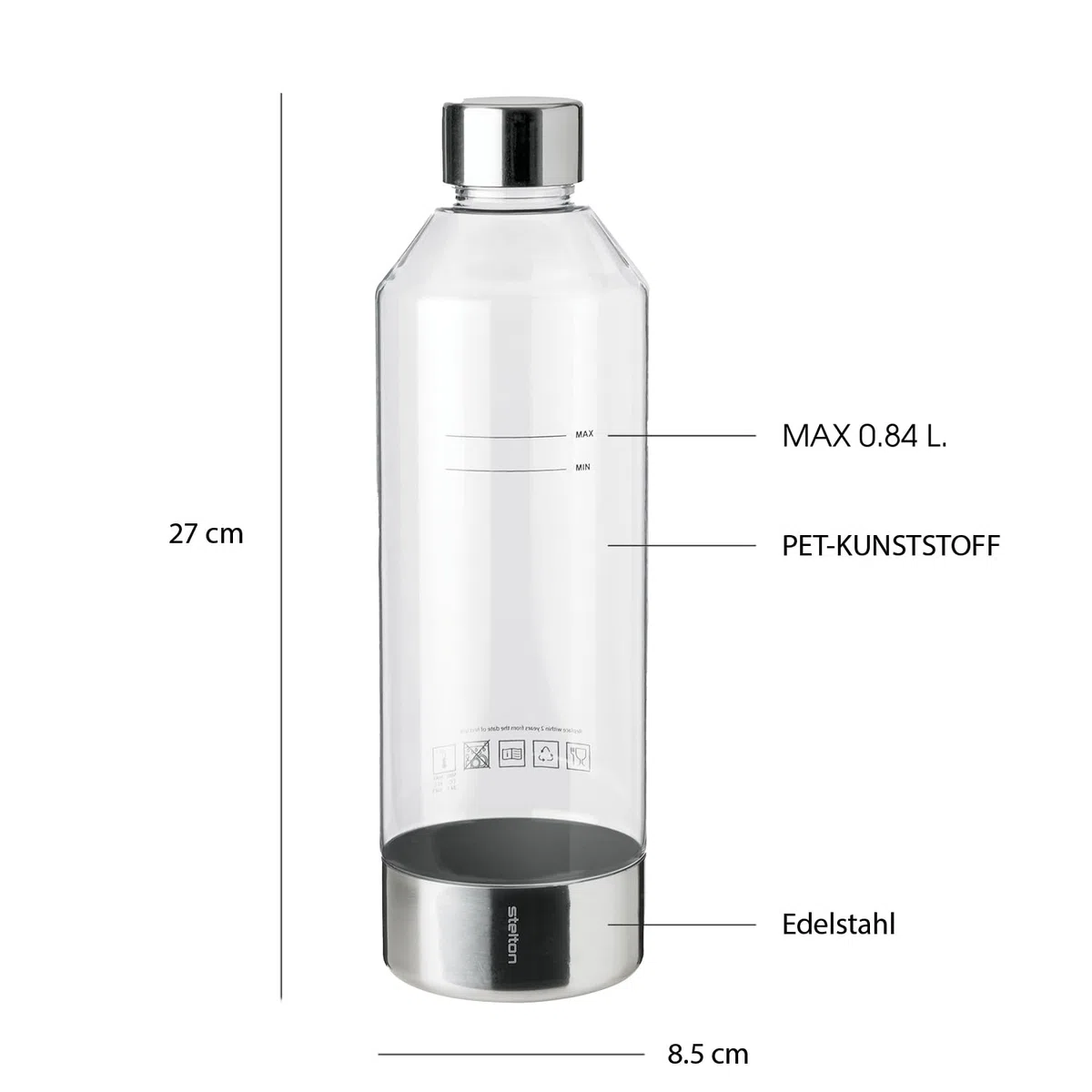 Stelton Bouteille Brus pour Carbonateur – PET, Acier Inoxydable, Sans BPA, Max 0.84L – Élégante et Fonctionnelle