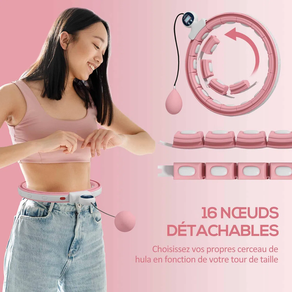 SPORTNOW Hula Hoop, Cerceau Hula Hoop Fitness avec Picots de Massage, Ajustable de 76 à 113 cm de Tour de Taille, 16 Segments Amovibles, Fitness