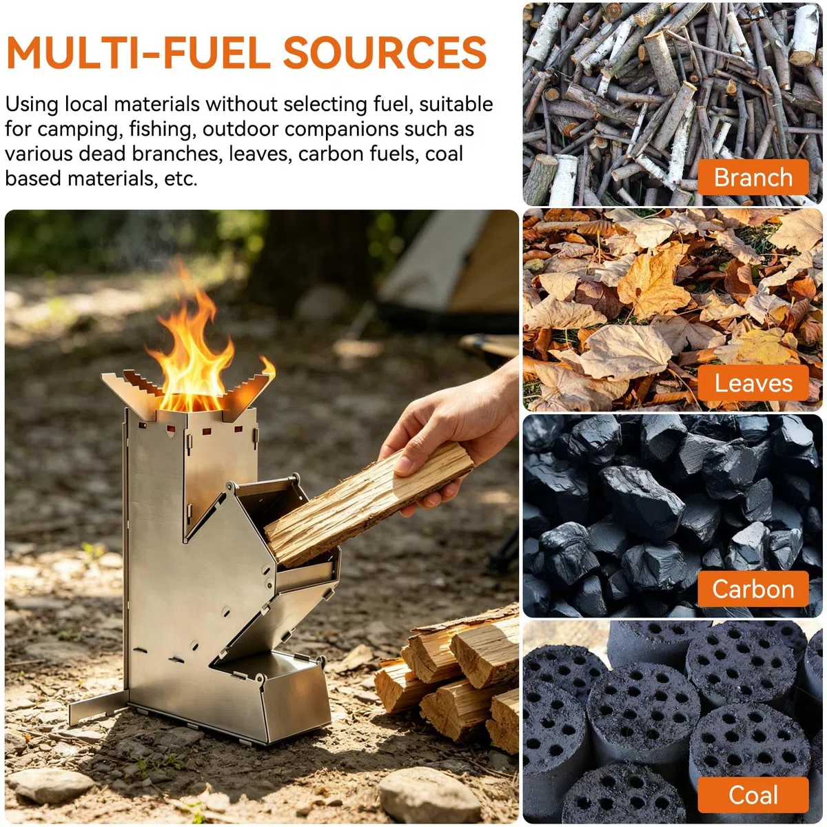 Camping Rocket Stove, poêles de camping portables Griller de brûlure en bois en acier inoxydable avec sac de rangement pour la randonnée de cuisson en plein air