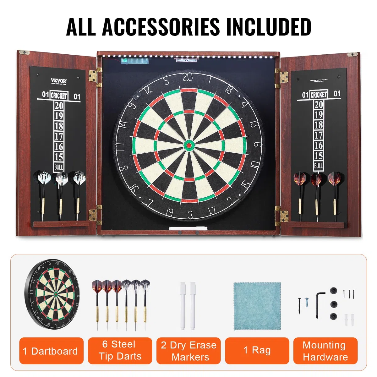 VEVOR Cible de Fléchettes et Armoire Prêt à Jouer, Armoire à Fléchettes de Taille Officielle, Jeu de Fléchettes à Pointe en Acier, avec Lumière LED, Accessoires Complets, pour Jeux de Cricket