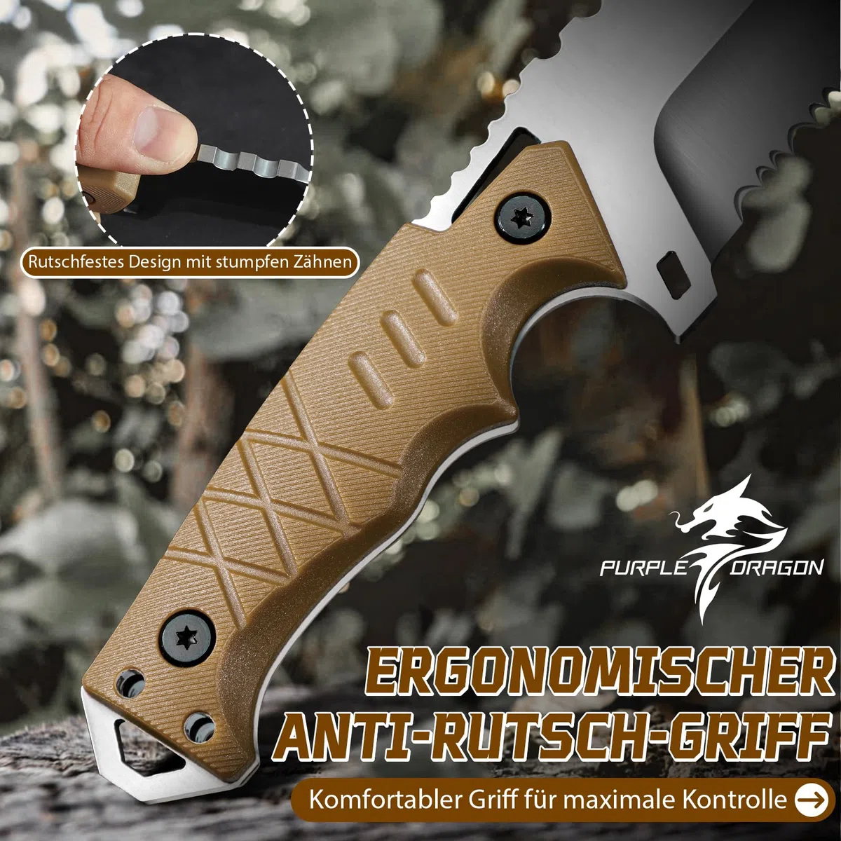 Purple Dragon Couteau de Plein Air (avec Gaine Kydex) - Lame Tanto Fixe Monobloc en Acier D2 - Couteau de Survie avec Manche G10 pour Camping, Cadeau pour Homme, Kaki