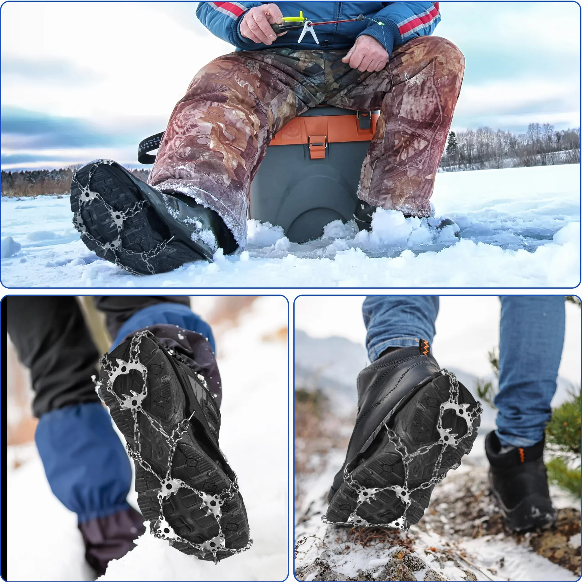 JIZZU Crampons pour Bottes de Randonnée avec 24 Pointes Antiderapantes-Crampons d'hiver Antiderapants pour Chaussures et Bottes, Pics de Neige pour la Marche, Le Jogging, l'escalade et la Randonnee