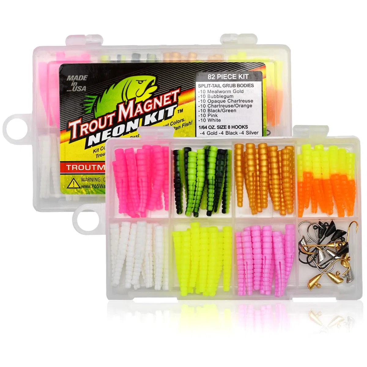 Trout Magnet Kit de pêche 82 pièces néon Comprenant 70 appâts à Truite et 12 hameçons, Taille 8