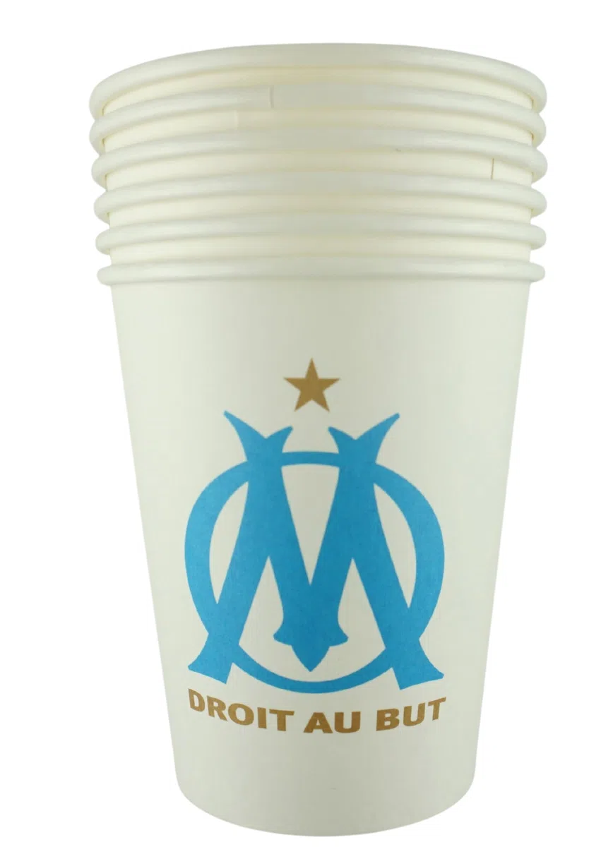 OLYMPIQUE DE MARSEILLE Pack 57 pièces Om : 1 Nappe 12 x Gobelet 12 x Assiette 20 x Serviette 12 x Sac à Bonbons - Collection Officielle