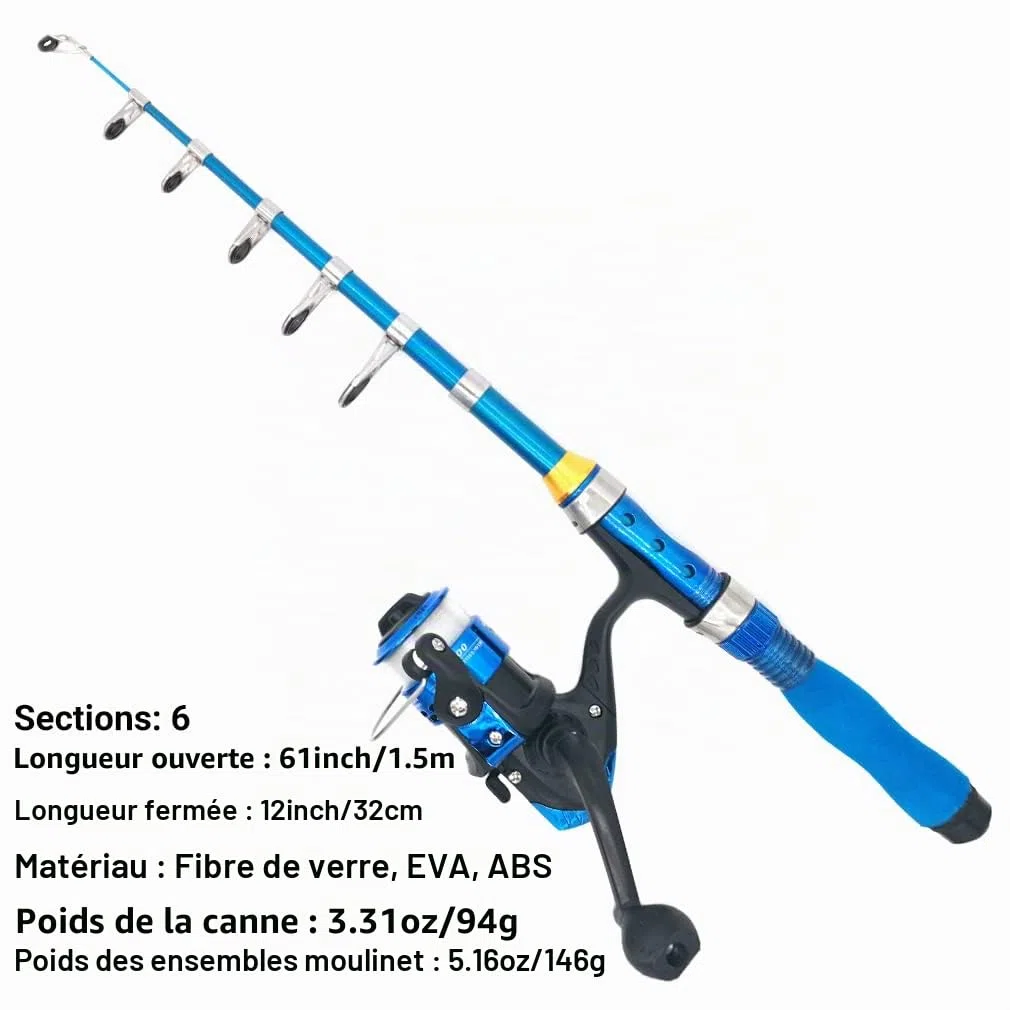 Kilitn Canne à pêche Portable pour Enfants, 1.5 m Canne à pêche télescopique Portable et Moulinet avec Ligne de pêche, kit Complet, équipement de pêche pour Enfants, garçons, Filles et Adultes