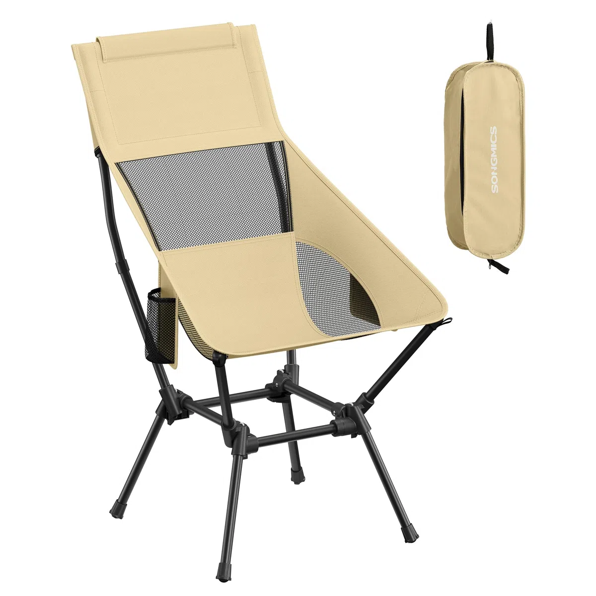 SONGMICS Chaise de Camping Dossier Haut, Chaise de Plage Pliante Hauteur Réglable, Structure en Acier, Supporte 150 kg, 2 Poches de Rangement, Appuie-Tête, pour Voyages, Marron GCB051KZ01
