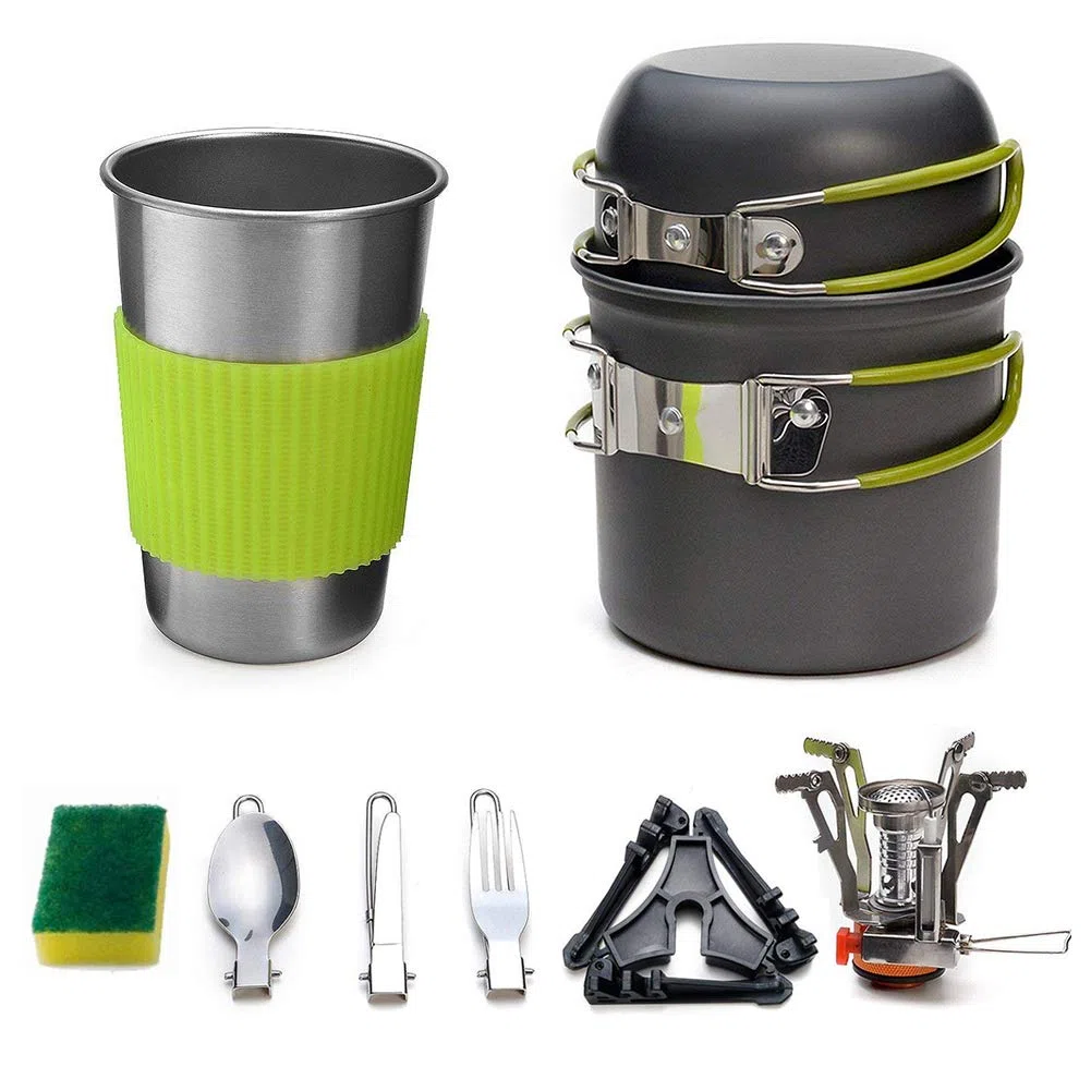 Queta Multi-PCS Kit de Cuisine de Camping, 1-2 Personnes Kit de Casseroles et Poêles Ultra-léger Compact Durable Extérieur Cookware pour Camping Randonnée Pique-Nique Pêche avec Réchaud et Une Tasses
