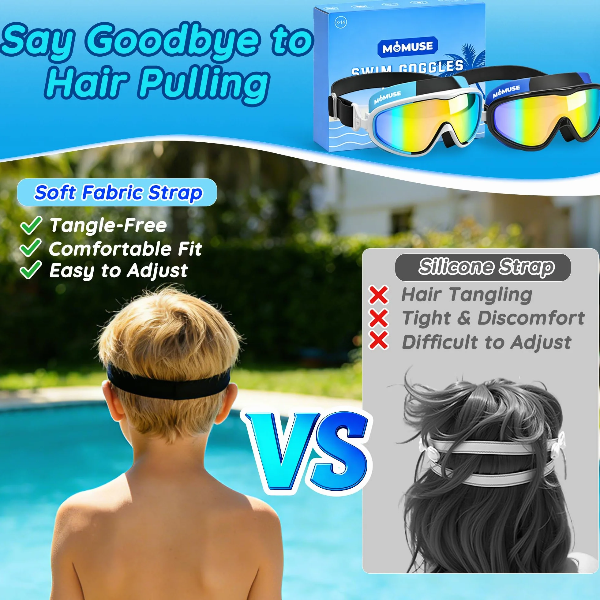 MOMUSE Lunettes Piscine pour Enfants 2PCS,Sangle en Tissu Confortable, Lunettes de Natation Enfants 3 4 5 6, Protection UV Lentilles Antibuée, Etanches, pour Garçons et Filles 3-14 Ans, Piscine Plage