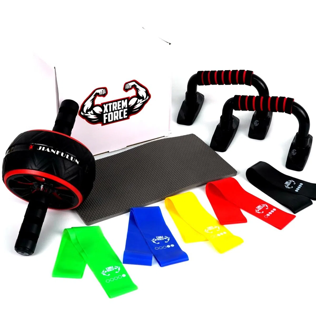 Kit Fitness Xtrem Force Avec Roue Abdo Tapis Pour Genoux, Bande Elastiques, Poignée Push Up Pour Les Pompes, Appareil fitness musculation pour Abdo Exercices a La Maison Pour Homme Et Femme