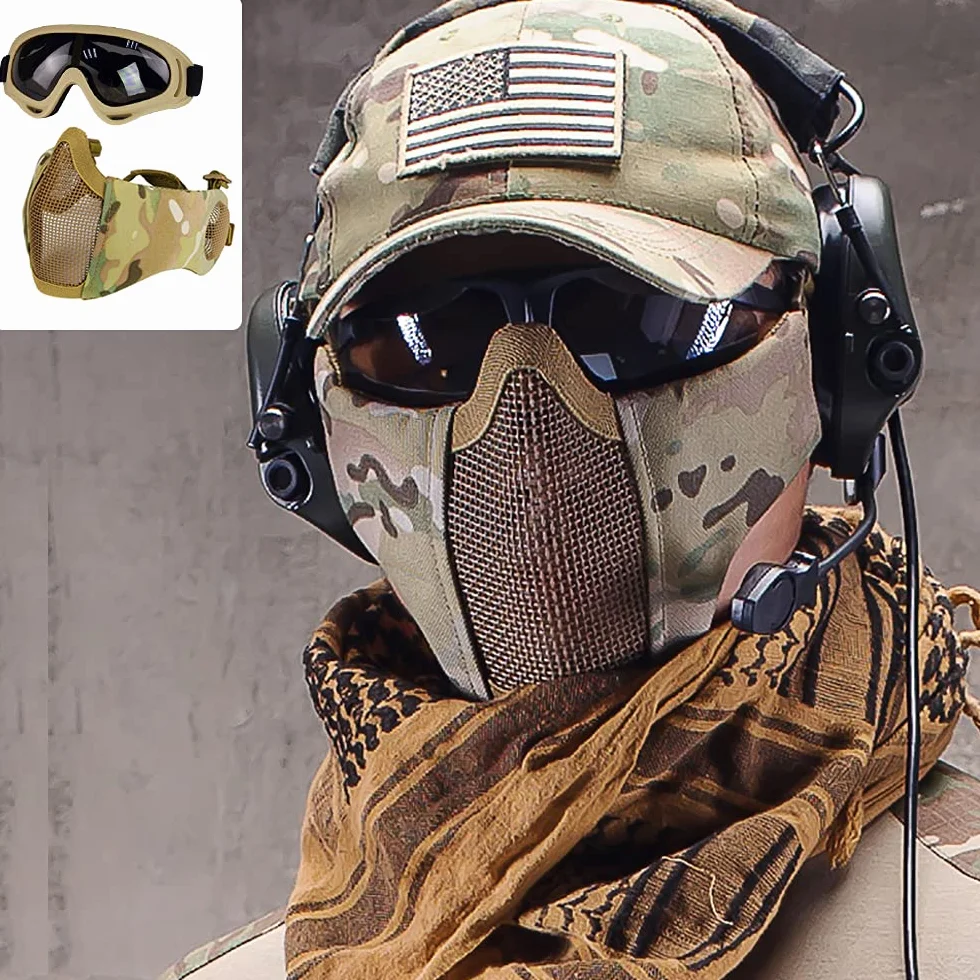 Kit de protection Airsoft avec demi-masque en maille avec protection des oreilles et lunettes - Pour CS/Chasse/Paintball/Tir