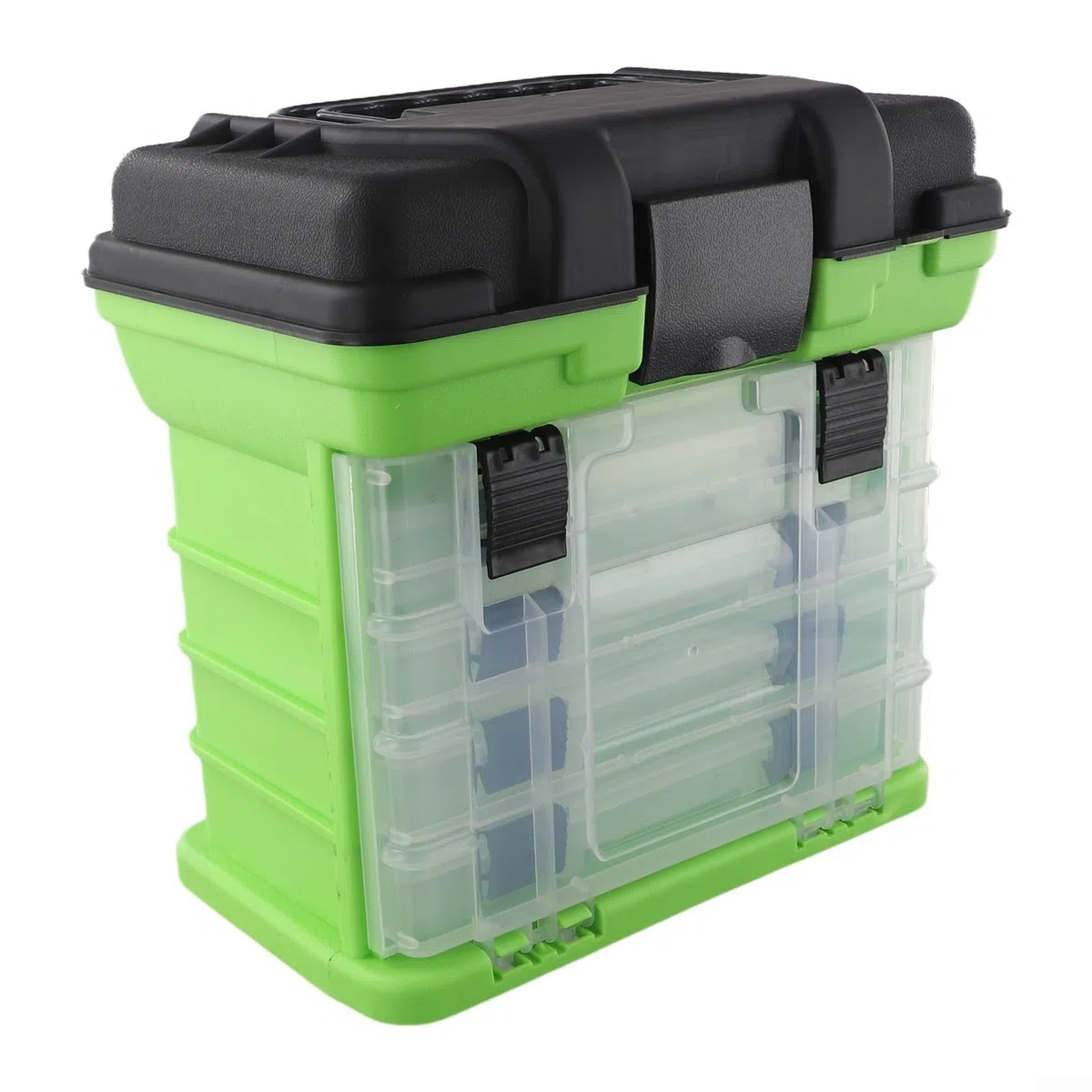 Boîte de rangement pour équipement de pêche à 4 couches avec poignée pliable pour la portabilité et l'assise, boucles de sécurité verrouillables, et grande capacité adaptée aux moulinets, lignes et