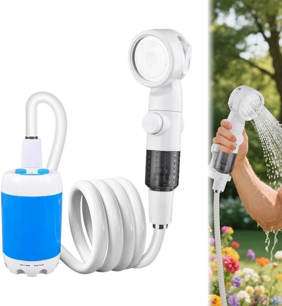 Kit Douche de Camping, Douche Portable Douche de Camping Pompe de Douche Électrique Rechargeable avec Tête de Douche Vanne D'arrêt et Batterie 5000mAH intégrée pour Extérieure,Camping,Randonnée