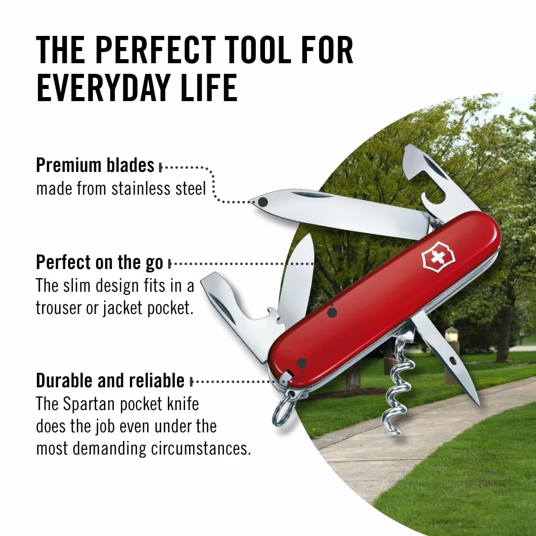 Victorinox Spartan Couteau de Poche Suisse, Léger, Multitool, 12 Fonctions, Lame, Ouvre Boite, Tire Bouchon, Rouge