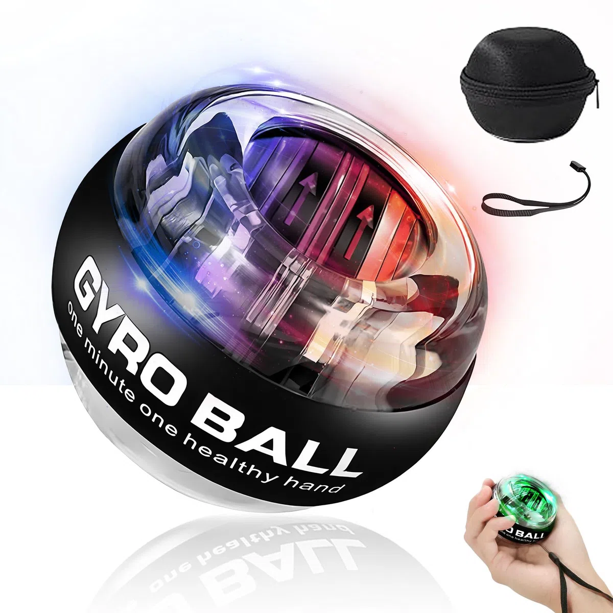 Gyroball Balle d'exercice pour poignet Démarrage automatique 5 niveaux de résistance Contrôle de la lumière Gyroscopique Entraînement Bras Bras Doigt Poignet (étui transparent)