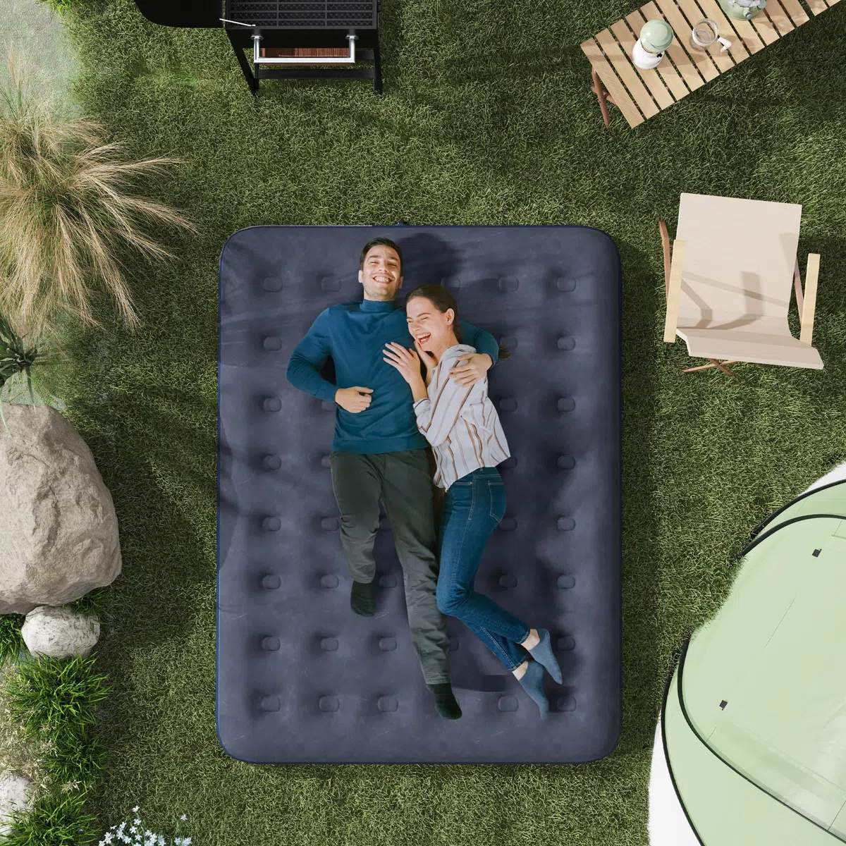 Outsunny Matelas Gonflable 2 Personnes Matelas pneumatique avec Pompe à Main intégrée, Surface floquée, pour Camping, Voyage - 203L x 152l x 22H cm, Bleu