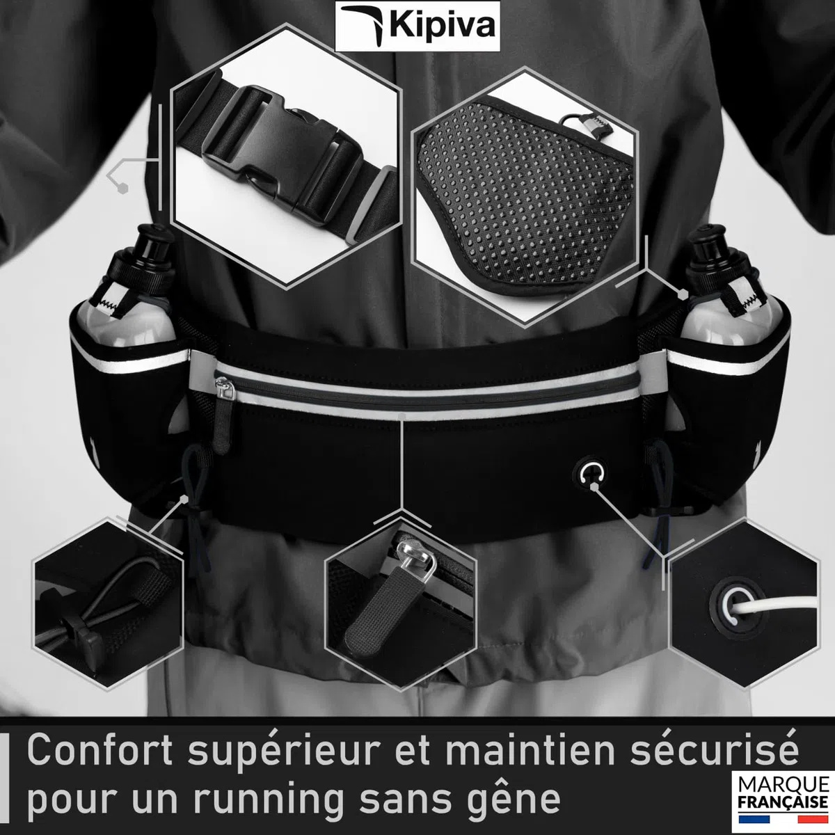 Ceinture Hydratation Running Noir +2 Gourdes 175ml incluses ✮Marque Francaise✮ Fluorescent Homme Femme Sac Banane Trail Footing Accessoire ✯Garantie À Vie✯ Porte-bidons Course Porte Gourde, Téléphone