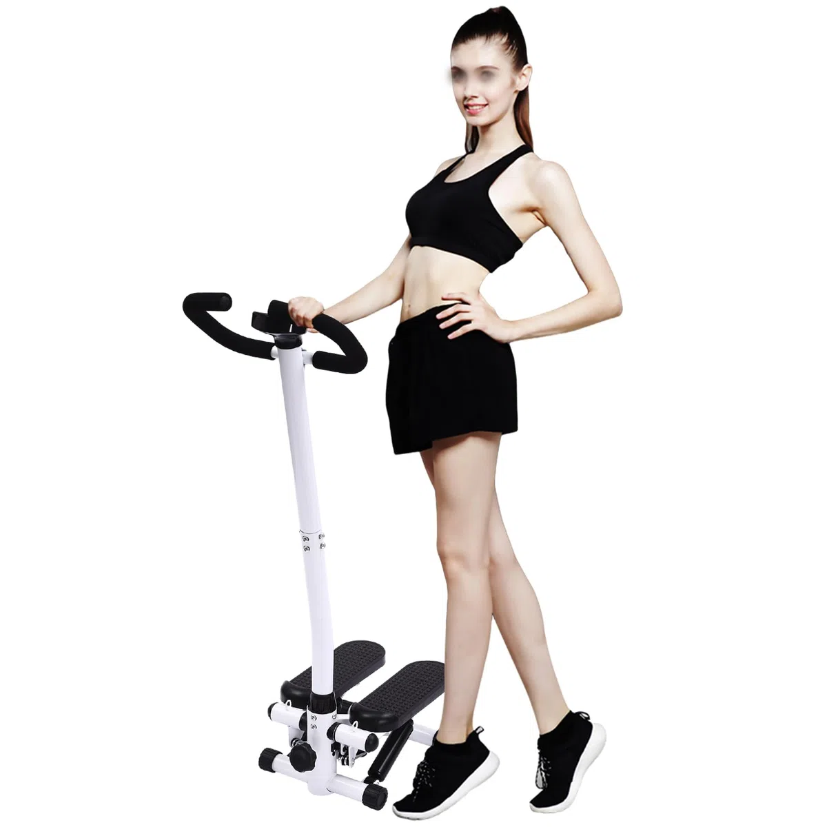 Machine à stepper d'exercice pour la maison, 150 kg, machine à pas debout avec guidon, noire, hauteur réglable, avec écran, bandes de résistance de 90 cm