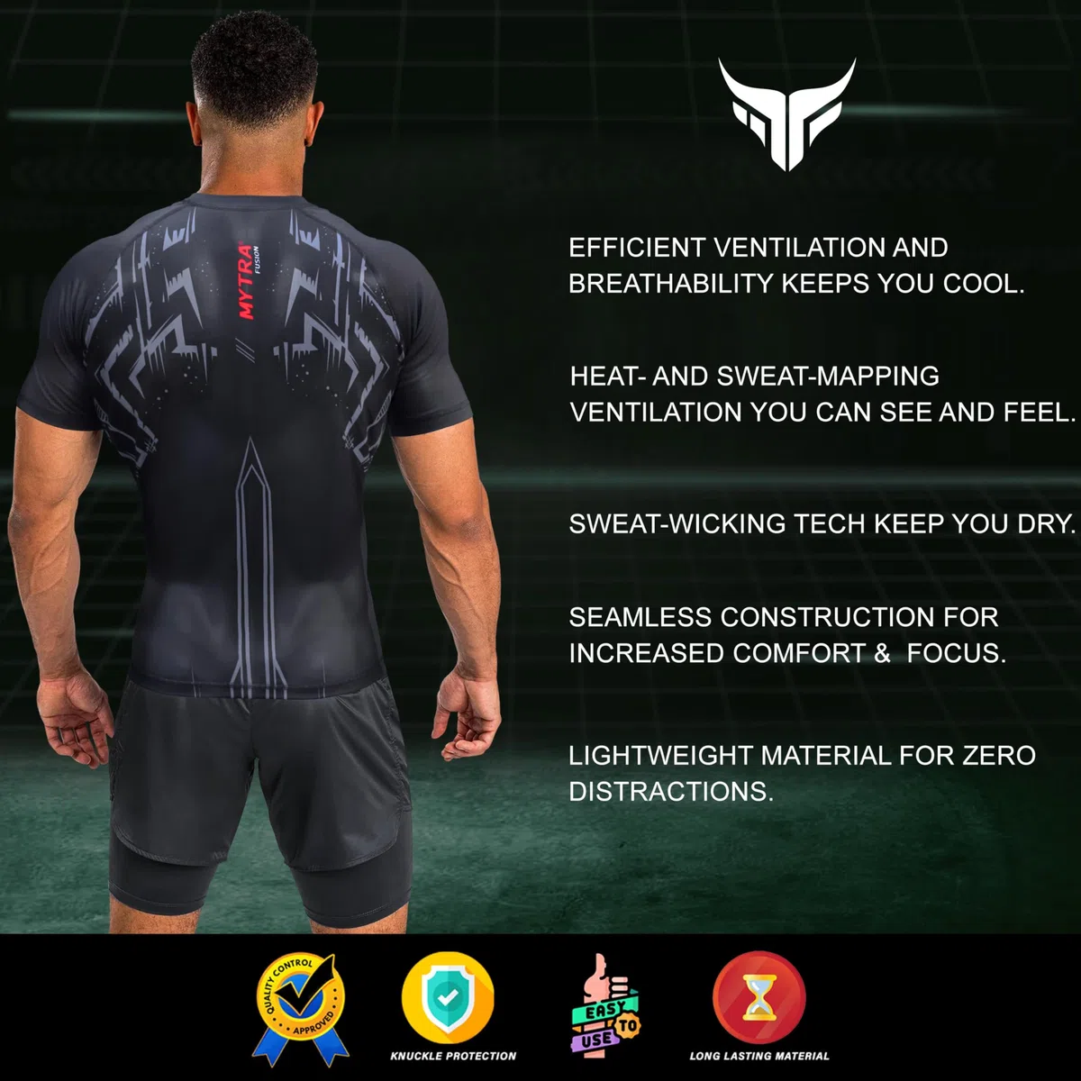 Mytra Fusion MMA Rash Guard Couche de Base Compression BJJ Rashguard Hommes Rash Guard à séchage Rapide pour MMA, Gym, Entraînement et Course à Pied