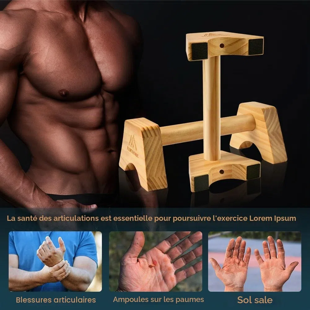 Flintronic Poignées de Pompe Bois, Parallettes en Bois, Barres Parallèles Antidérapantes, Push Up Bar pour intérieur et extérieur, pour la Calisthenics, Gymnastique, Fitness, Musculation