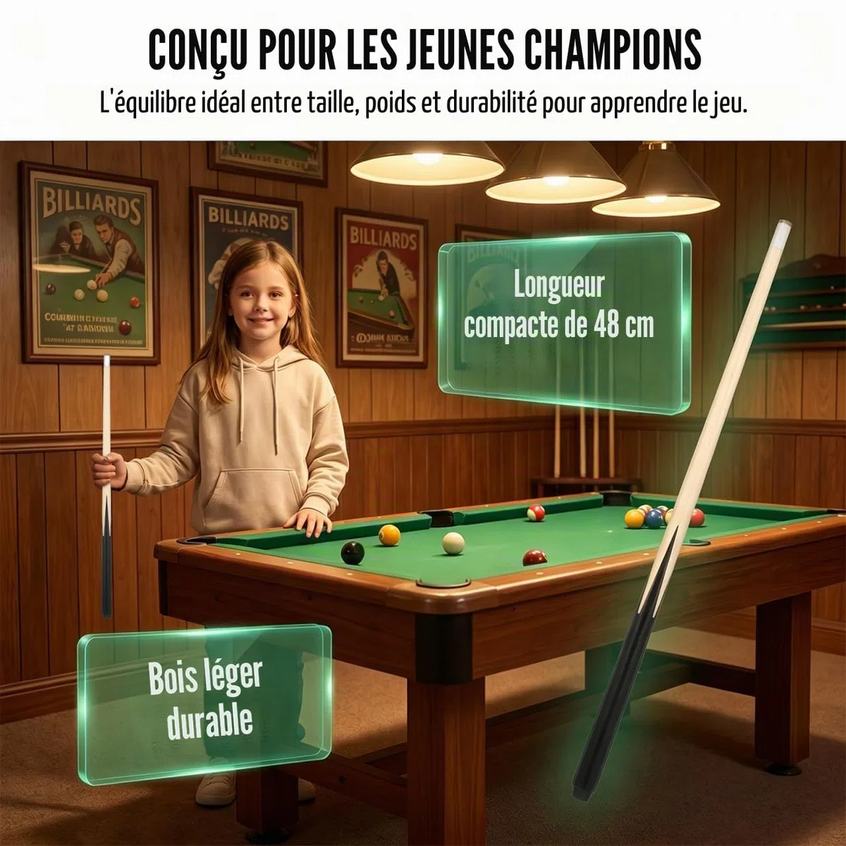 Alasum Queue de Billard Courte pour Enfants 45 cm – Confortable et Précise pour Apprentissage du Billard – pour Petits Espaces, Jeux en Intérieur, Enfants et Débutants