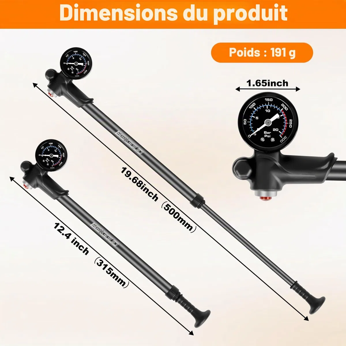 Pompe À Vélo, Pompe à Choc Haute Pression 300 PSI, Pompes Amortisseurs VTT avec Manomètre, Mini Portative Shock Pump pour VTT, Fourche Avant de Suspension Arrière