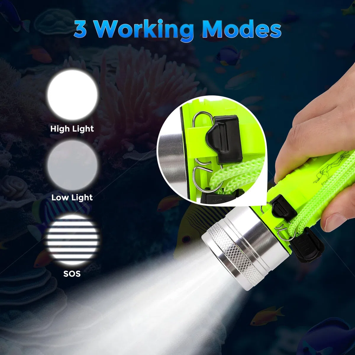 Lampe de plongée, 1500 Lumen Lampe de Poche LED Rechargeable, 3 Modes IPX8 Étanche, Lampe sous Marine 80 m sous l'eau avec lanière pour la Pêche de Nuit, Les Sports sous-Marins