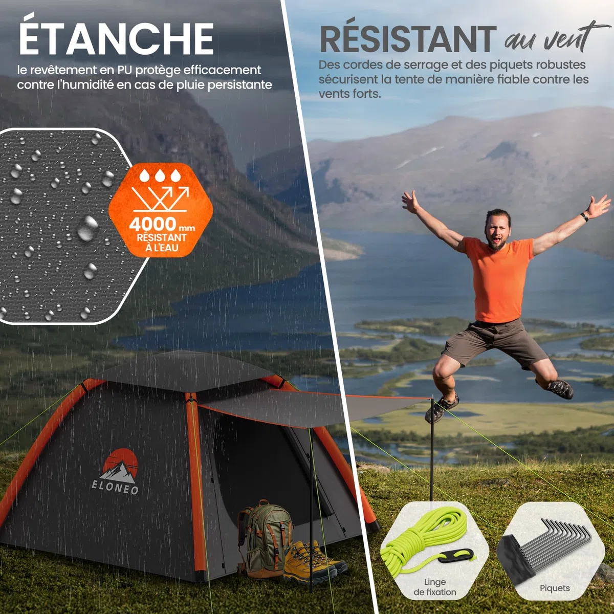 ELONEO Tente Gonflable avec auvent & Pompe à air, Tente à air Ultra-légère, Glamping avec lumière LED Offerte