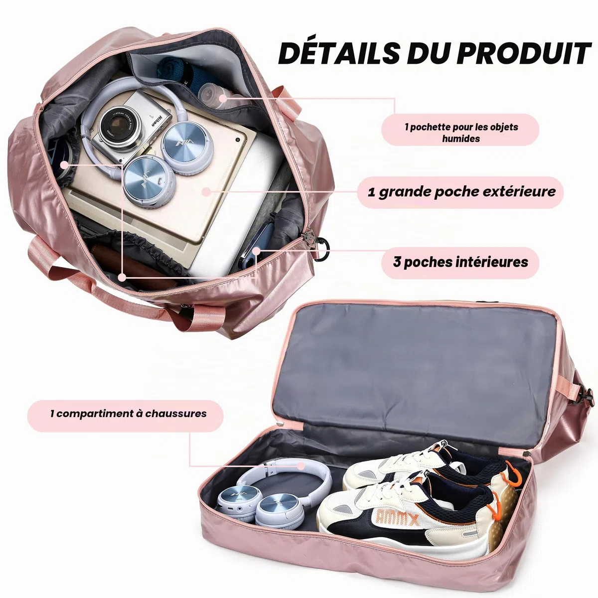 Sac de Sport Femme, Sac de Voyage Femme avec Compartiment à Chaussures et Compartiment Humide, Sac de Voyage avec Sangles pour Tapis de Yoga (Rose)