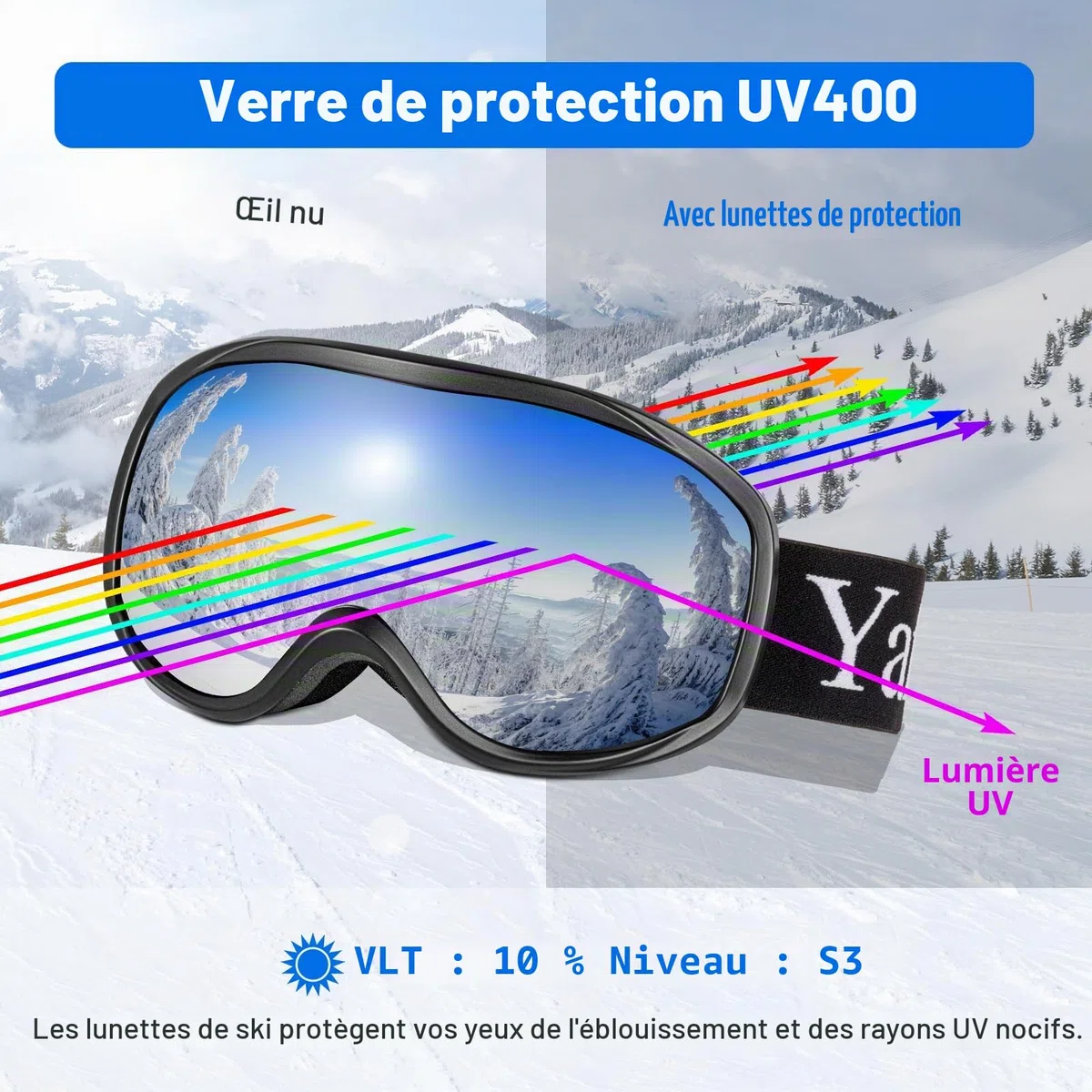 Yafaca Lunettes de Ski Anti-Buée Masque Protection UV400 Snowboard Compatible avec Casque OTG Sphérique Hommes Femme