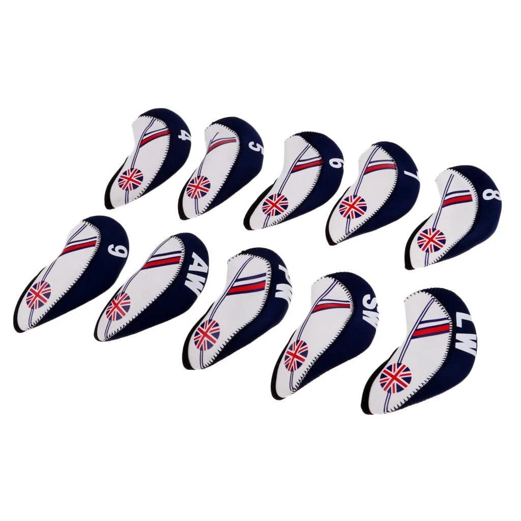 F Fityle 10pcs Golf Club Head Cover Wedge Iron Protective Headcover The Union Jack - Beige + Bleu Foncé, 14cmx6.1cm