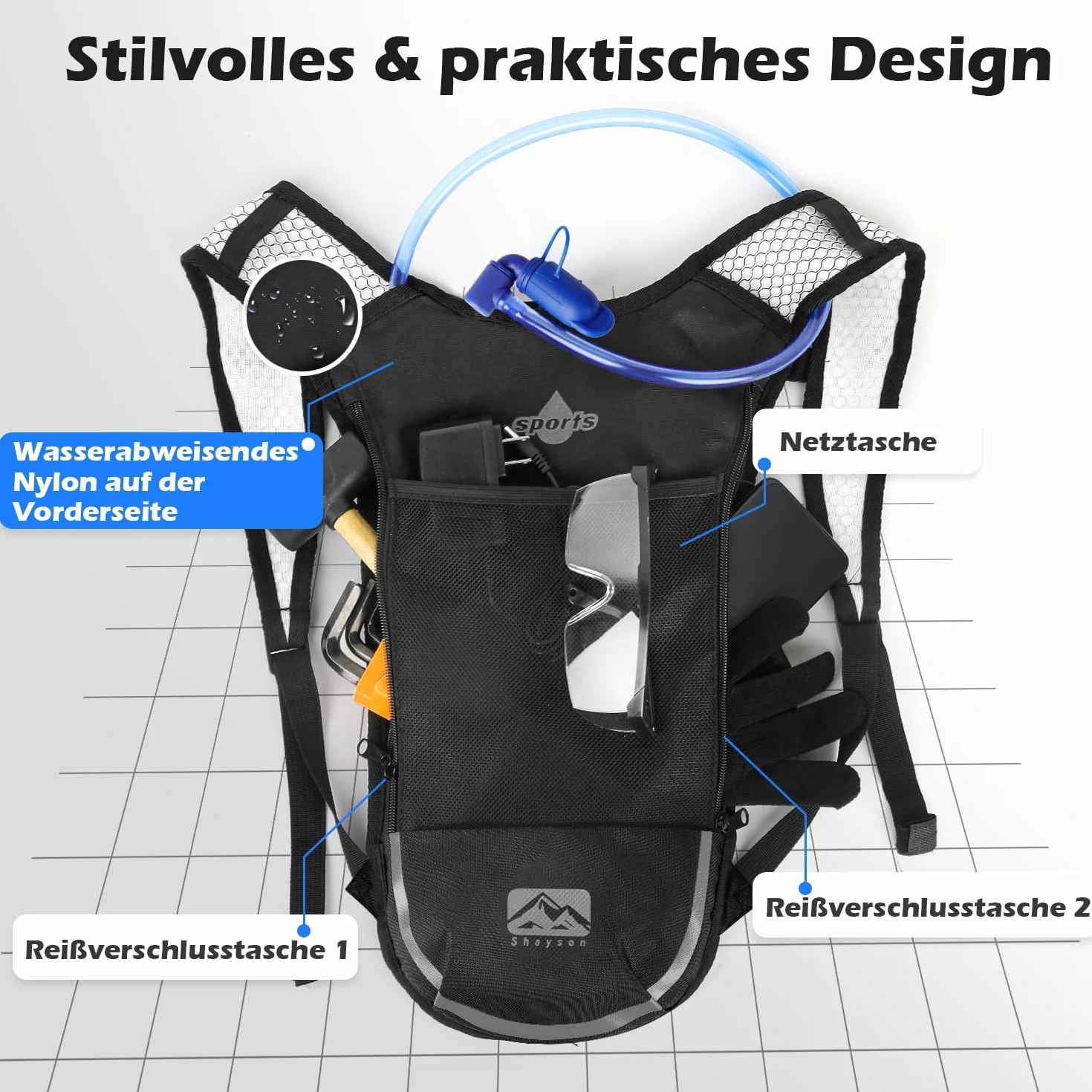 Sac à Dos d'hydratation avec Poche à Eau de 2 l, léger, Respirant, avec 3 Poches Couches, Bretelles renforcées pour la randonnée, la Course, Le Cyclisme