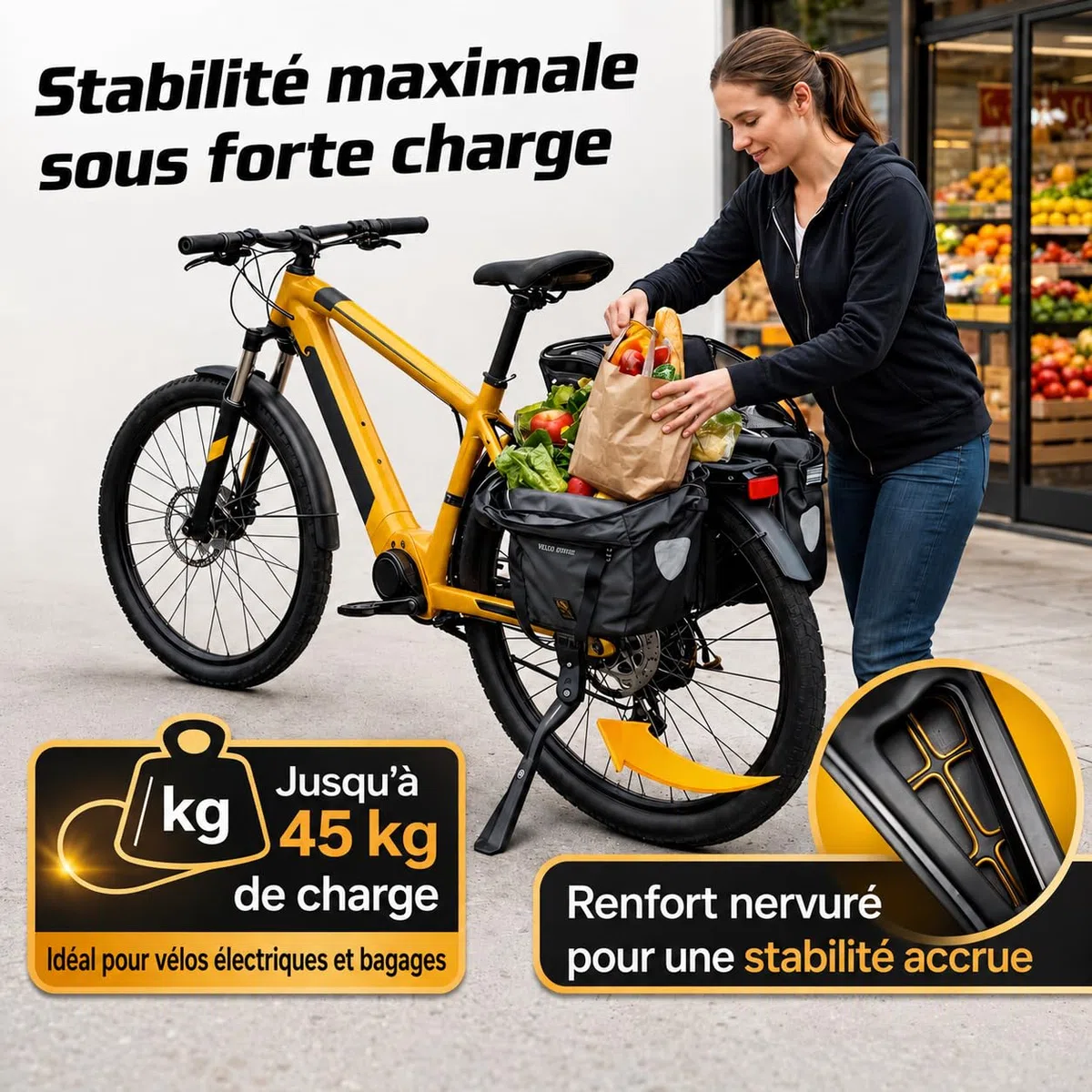 Béquille de vélo professionnelle extra stable 24-29 pouces 45 kg + | Béquille de vélo pour VTT / vélo électrique / vélo de ville | Support de vélo avec construction antidérapante et robuste