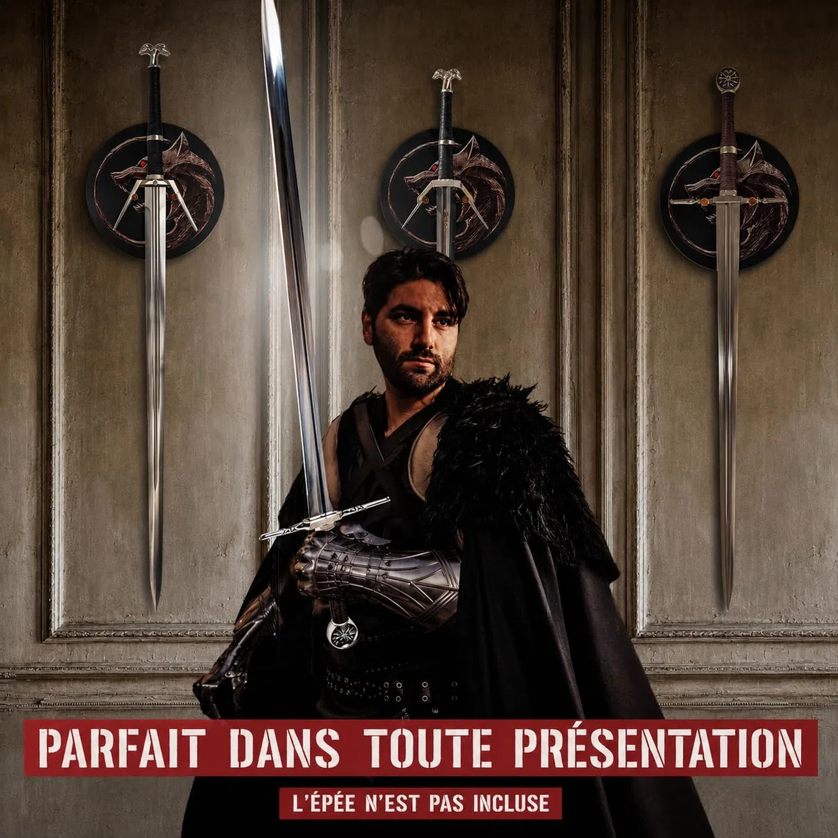 Witcher Présentoir mural rond en bois pour épée d'argent et épée en acier de Geralt von Riva, support mural décoratif pour collectionneurs, cosplay et fans des jeux et séries Witcher
