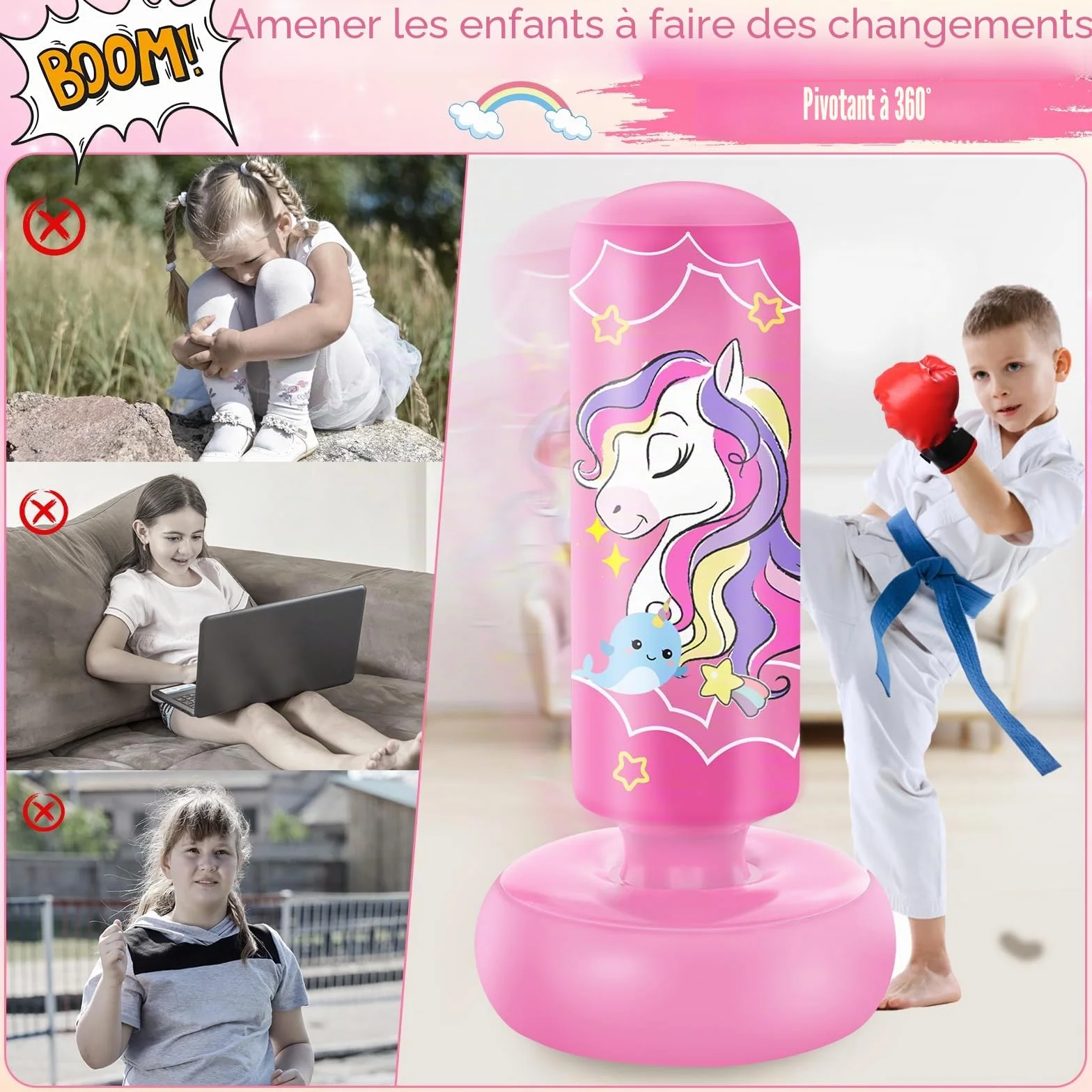 NZQXJXZ Sac de Frappe Gonflable pour Enfants, Sac de Boxe sur Pied, pour Les Enfants, Les Garçons, Les Filles, Set de Boxe pour Pratiquer Le Karaté, Le Taekwondo et Le MMA