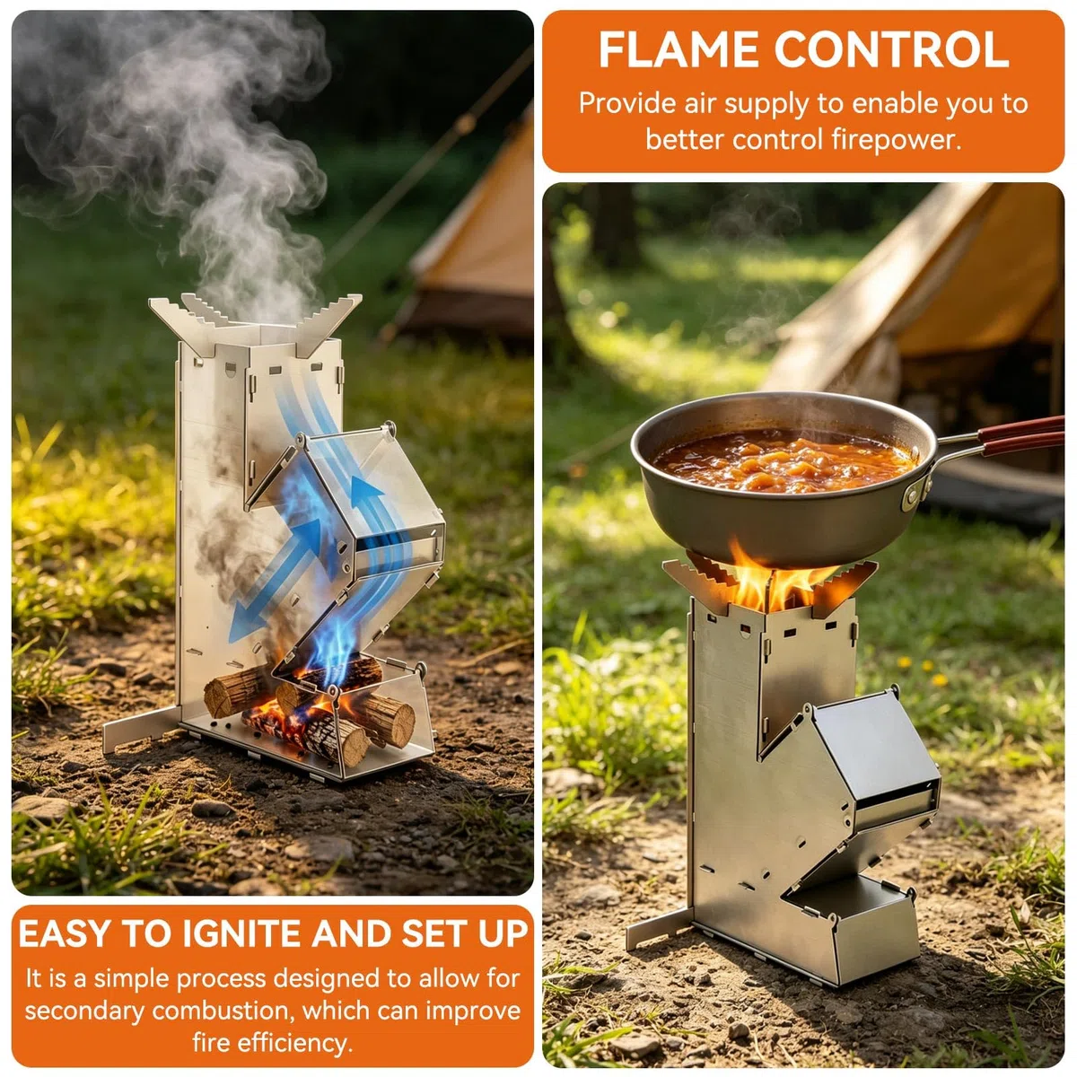 Camping Rocket Stove, poêles de camping portables Griller de brûlure en bois en acier inoxydable avec sac de rangement pour la randonnée de cuisson en plein air