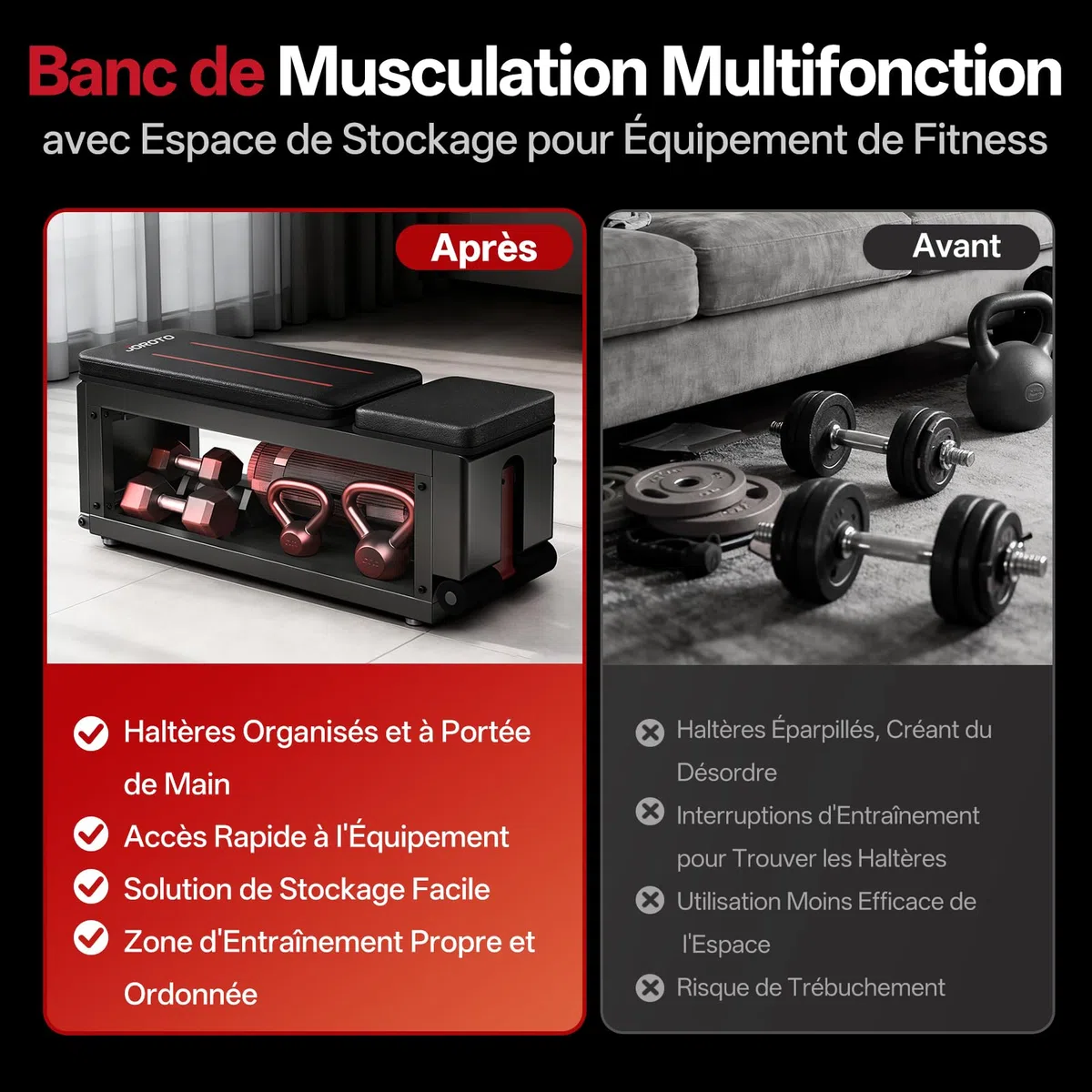 JOROTO MD85 Banc de Musculation Réglable avec Rangement Intégré, 990LBS/450KG Capacité Banc Musculation Multifonction, Bras de Traction 9 Positions et Dossier 7 Positions Banc Abdominauxde Inclinable