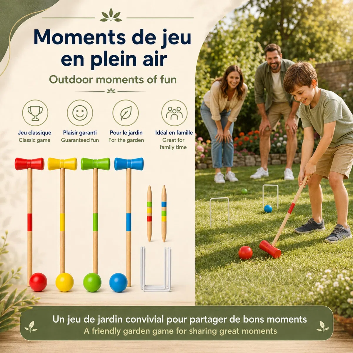 GRENADINE BOUTIQUE Jeu De Croquet Bois Set Complet – Maillets Boules Arceaux Piquets – Jeux Bois Exterieur Famille Activité Plein Air – Jeux en Bois Exterieur 4 Joueurs