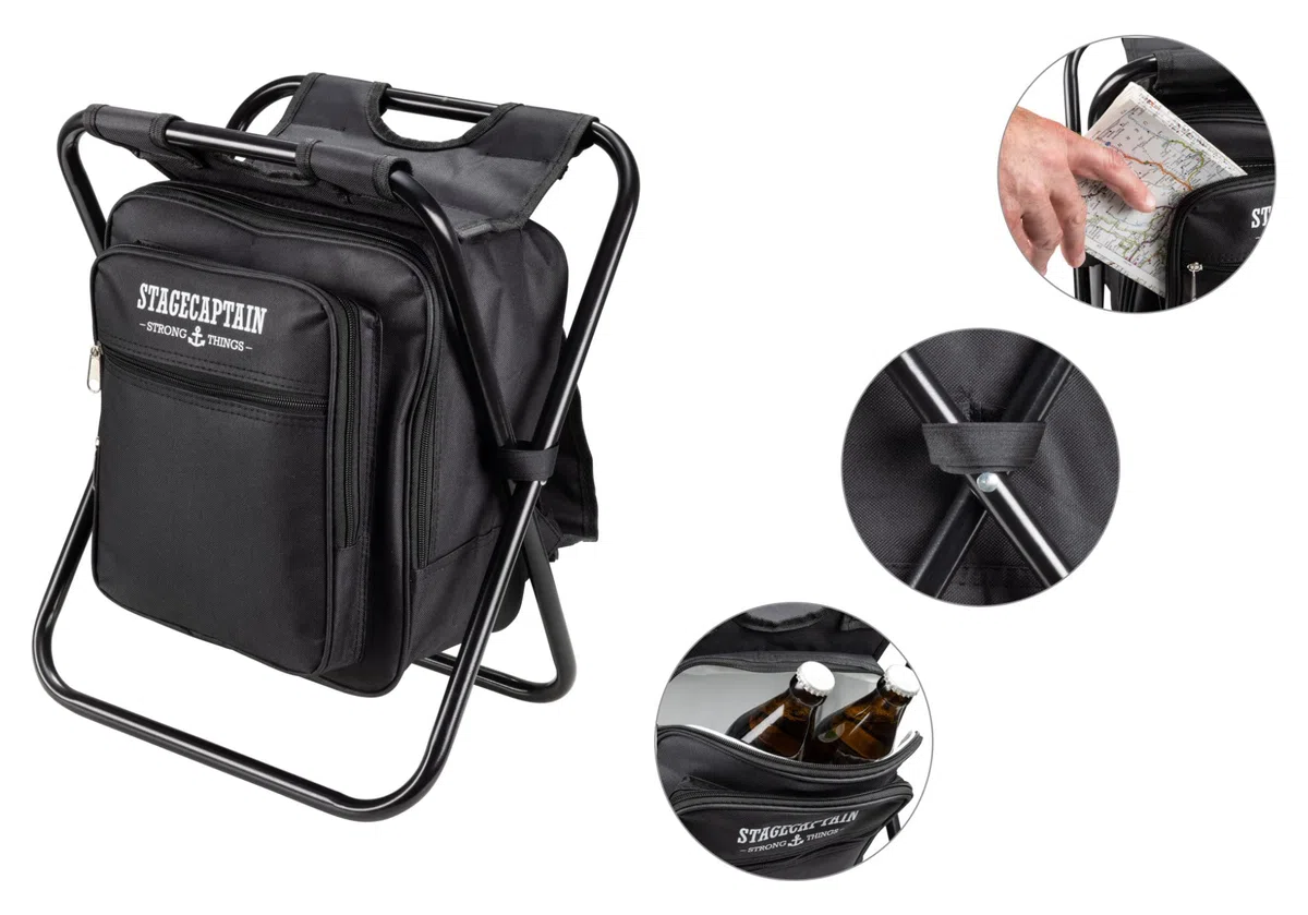 Stagecaptain CS-3640 BK Coolstool Tabouret Glacière - Sac Isotherme avec Sac à Dos - Tabouret Pliable Camping avec 2 Poches Extérieures - Idéal Pique-Nique ou Pêche - Noir