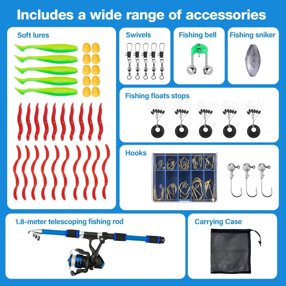Kit de pêche de 1,8 m pour enfants, kit de démarrage de canne à pêche pour enfants avec moulinet, ensembles d'appâts, hameçons et sac de transport, moulinet en fibre de carbone, accessoires de